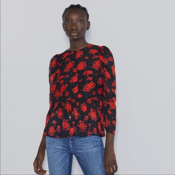 Zara Tops - NWOT Zara sheer silk black and red floral blouse